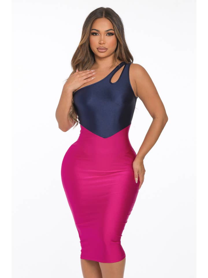 Uptown Apparel - Wholesale Dress - Women's - D13558 Color Block One Shoulder Cut Out Midi Dress3