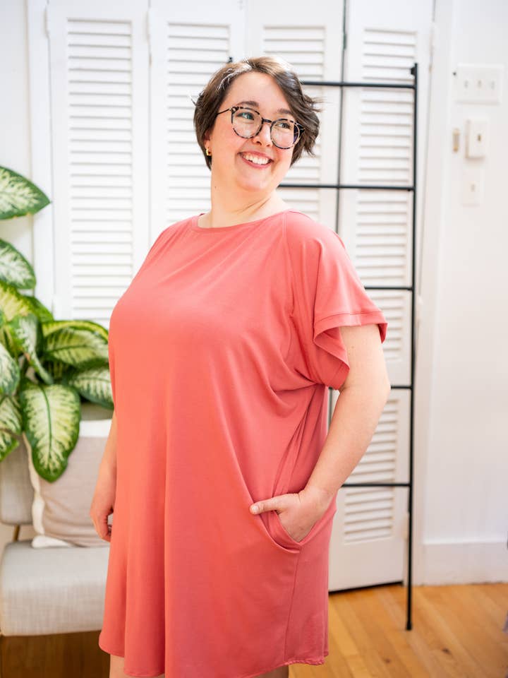 Short Sleeve Coral Knit Dress w/Pockets in Rayon Lycra for wholesale by Knieriem Designs