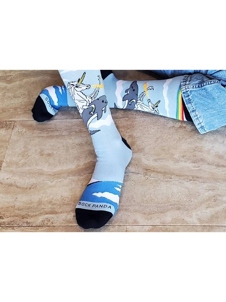 Sock Panda - Wholesale Socks - Unisex - Land of Dreams Socks - Fire Breathing Unicorn on a Dolphin!