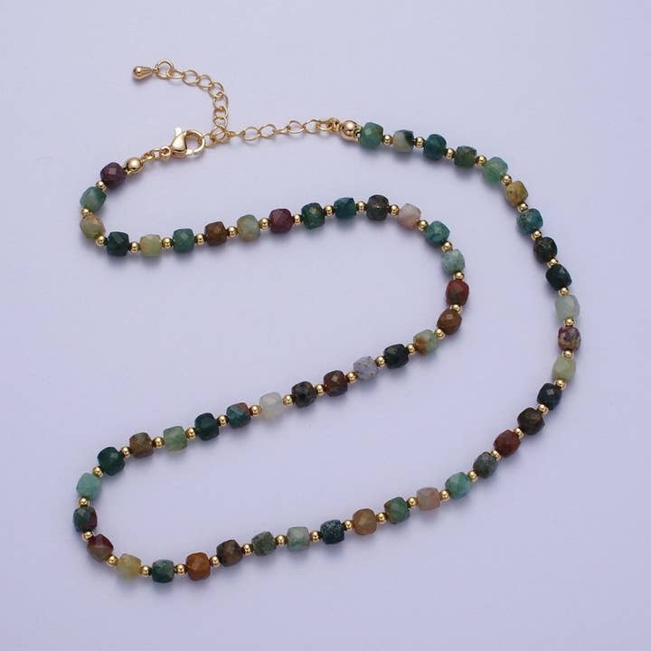 15,5 tums naturlig mossagat mångfacetterad kub ädelsten med guldpärla chokerhalsband | WA-1423 Utförsäljningspris för wholesale av Aim Eternal