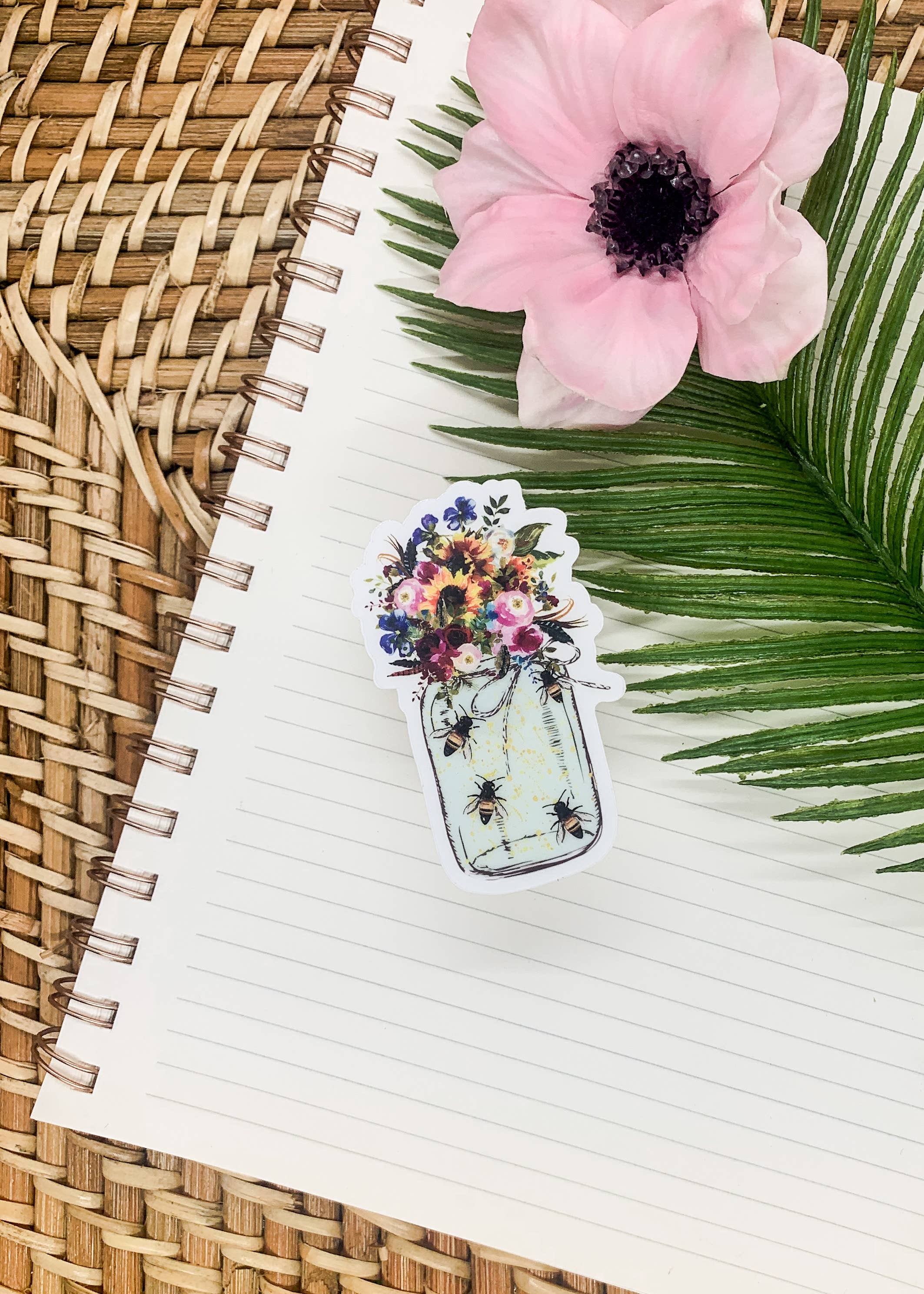 Savannah and James Co - Wholesale Sticker - Floral Bee Mason Jar, Clear Vinyl, Sticker, 3x3 inch1