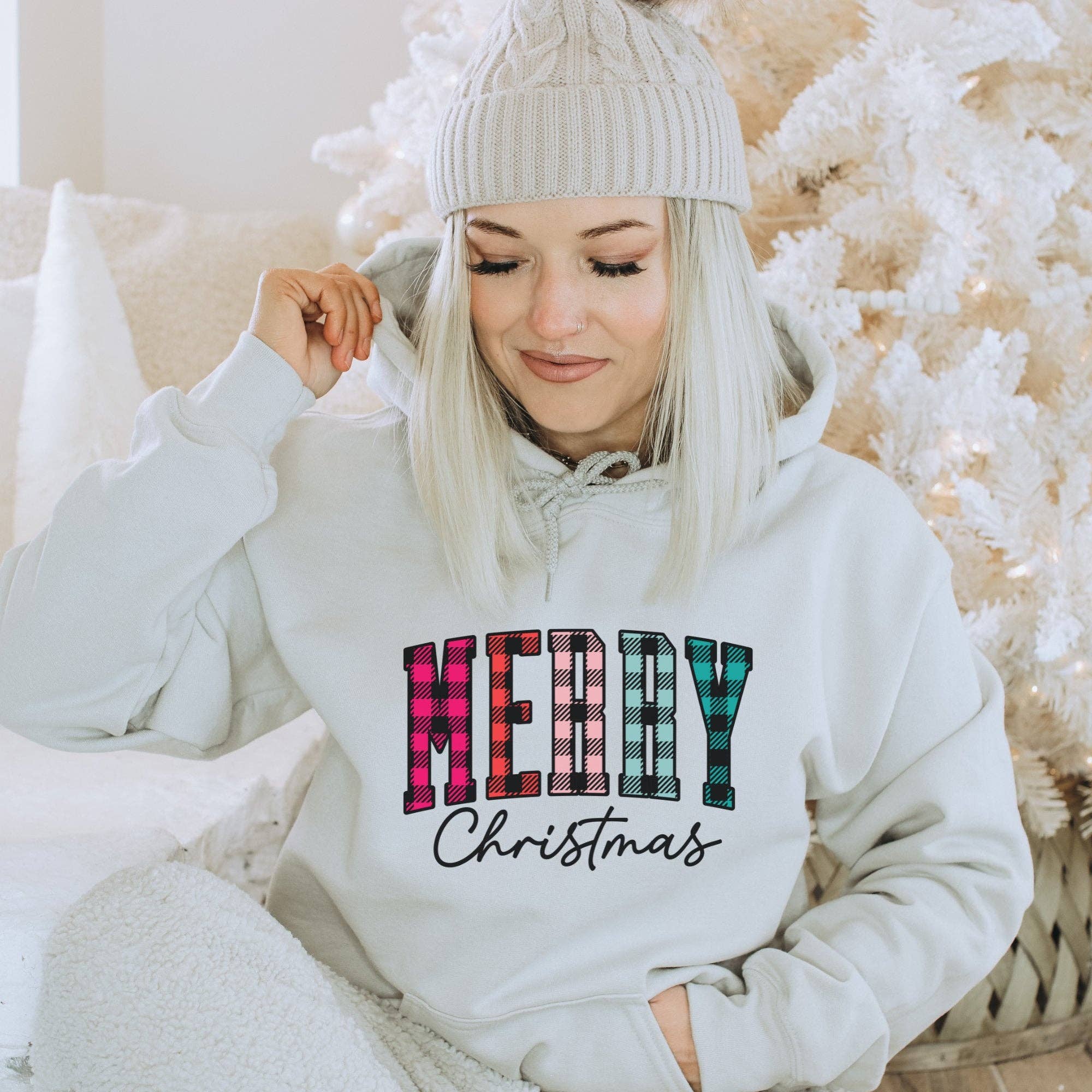 Trendznmore - Modern Graphic Apparel - Wholesale Hoodie - Women's - Colorful Plaid Merry Christmas Hoodie0