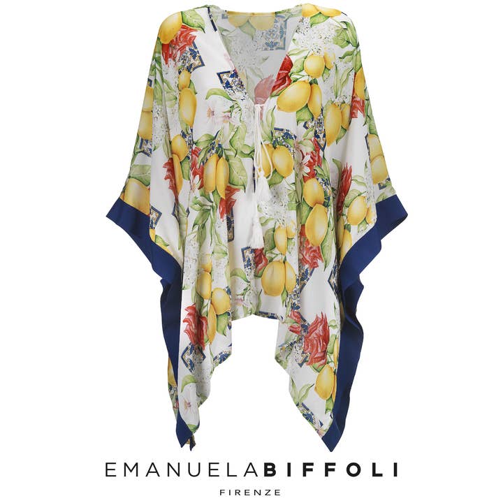 EMANUELA BIFFOLI FIRENZE – Großhandel Kaftan – Damen – Kurzer Kaftan mit blauem Zitronen- und großem Muster1