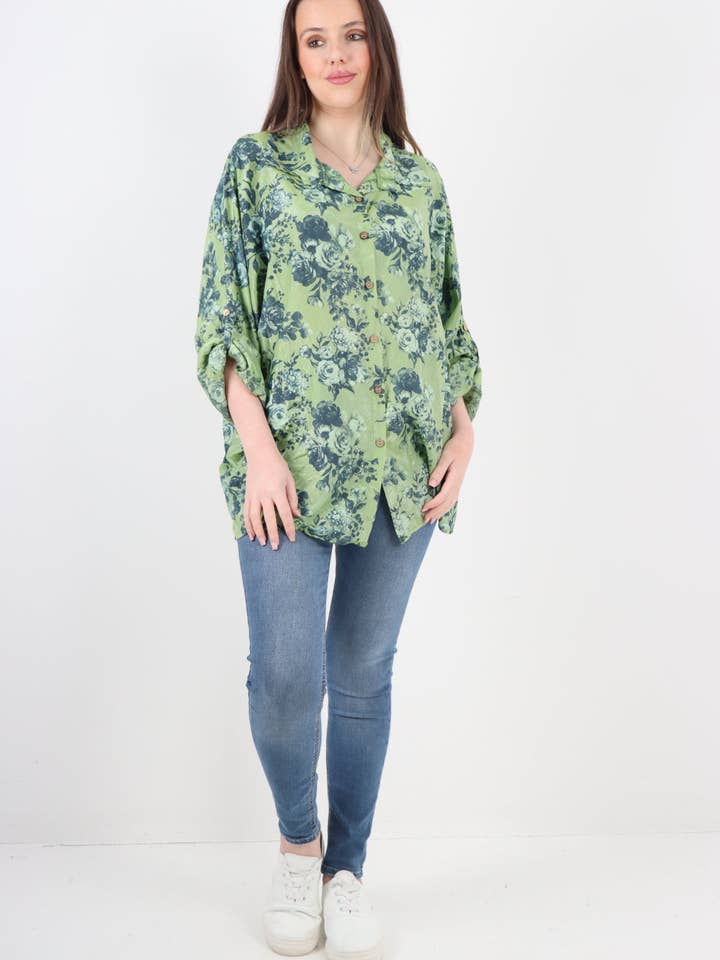 Italian Rose Print Button Front Shirt Top for wholesale by Miss Bold