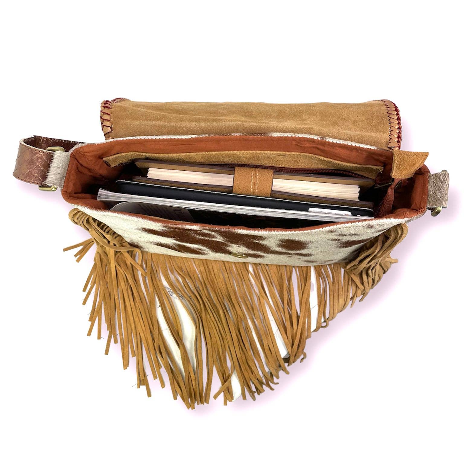 Mehrfarbig Handgefertigte indische Leder-Schultertasche mit dekorativen Fransen für den Großhandel auf Faire3