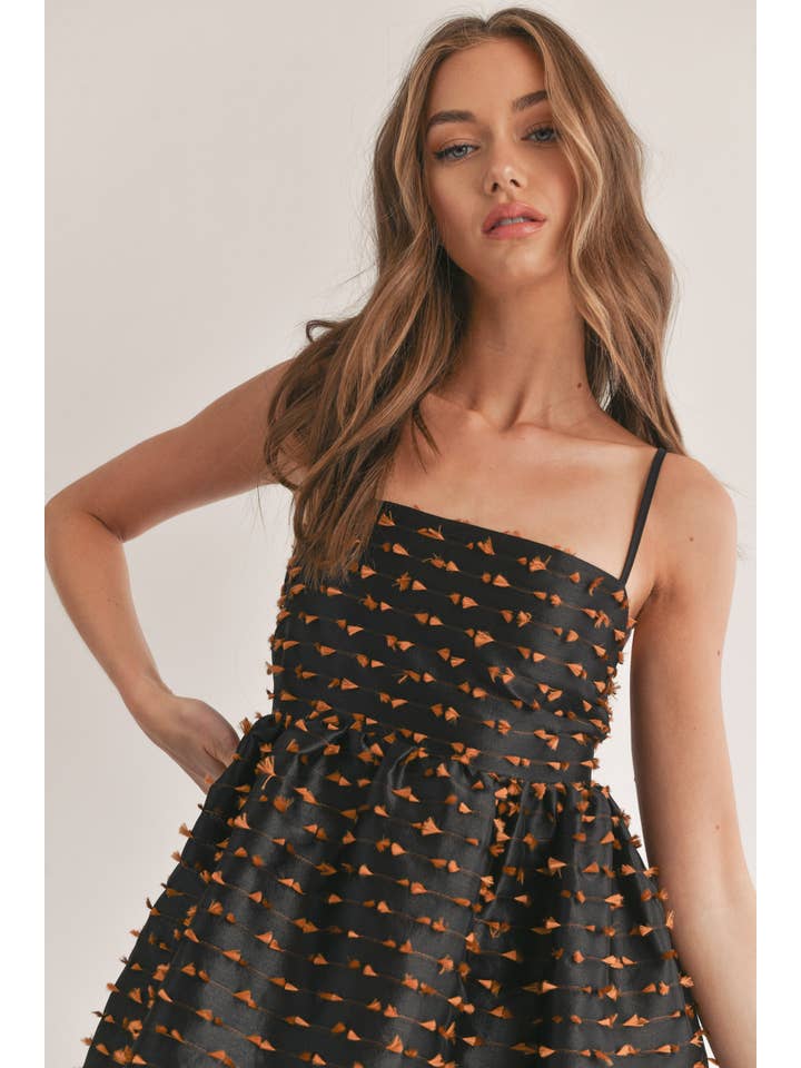 BLACK BROWN ID7139 TASSEL TEXTURED FABRIC BABY DOLL MINI DRESS for wholesale on Faire7