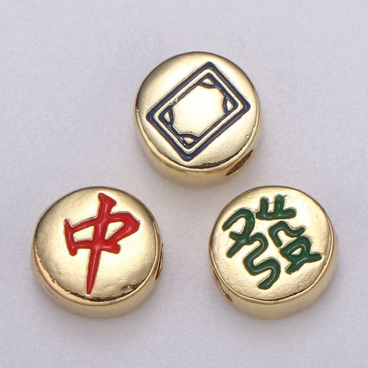 Aim Eternal - Wholesale Individual Charm/Pendant - Dainty Mahjong Bead Charms for Jewelry Supply Gold Mahjong Tile Bead Spacer Chinese Character Red Dragon Center Tile Wealth B-4901