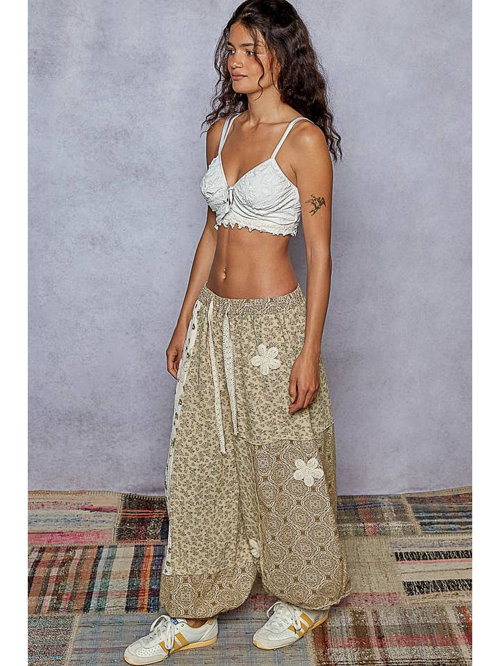 Pol Clothing - Wholesale Pants - Women's - Crochet patch detail contrast patchwork printed woven pants32