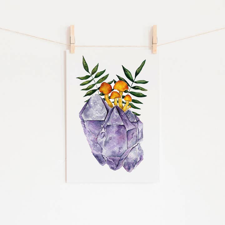 Amethyst Watercolor Crystal Art Print With Mushroom for wholesale by Candace Fincher