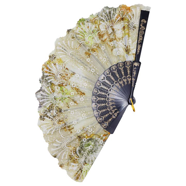 Cap Zone - Wholesale Handheld Folding Fan - Peony Lily Gold Glitter Handheld Folding Fan