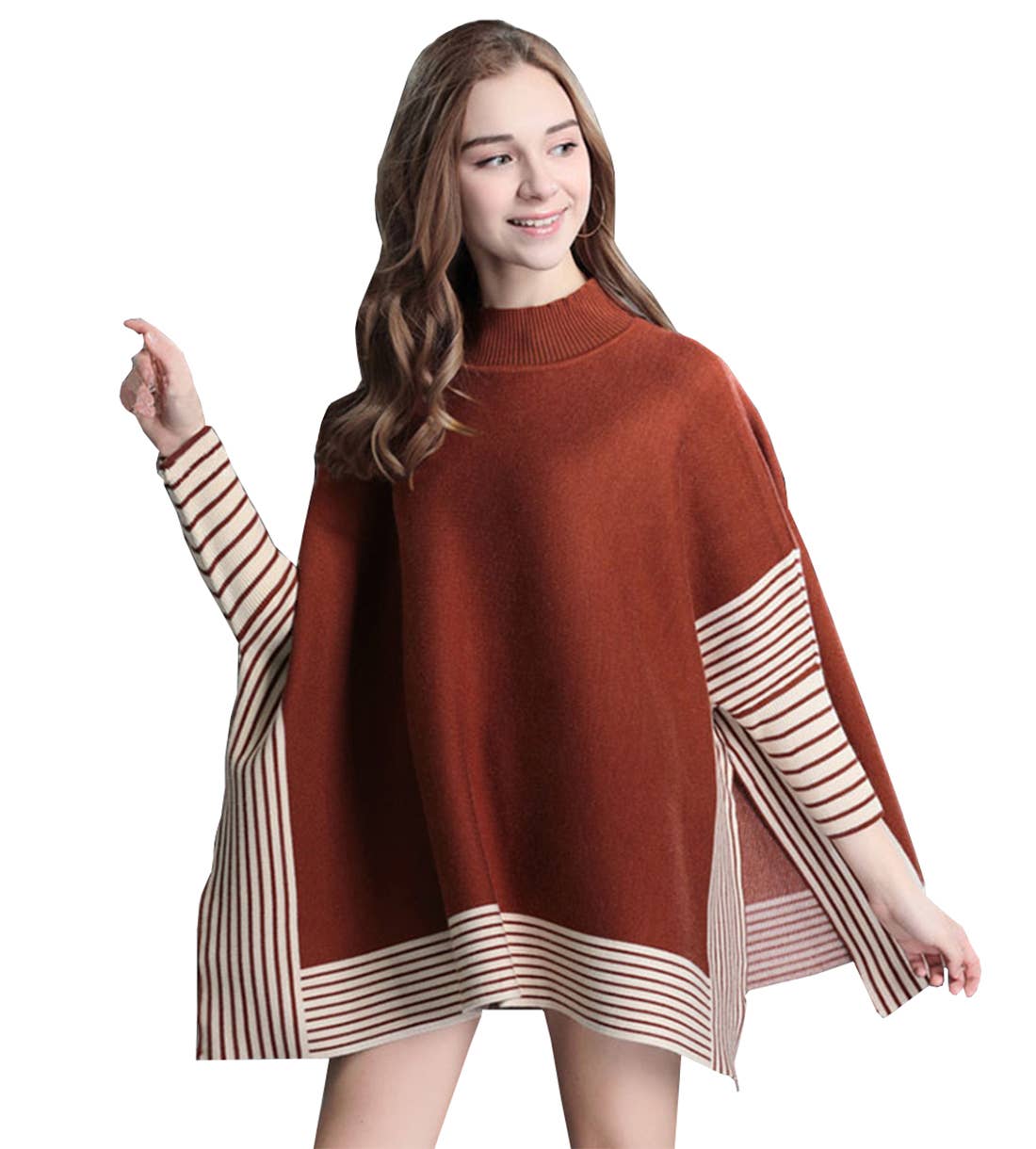 Fennco Styles – wholesale Poncho - Dam – Randig stickad pullover med fladdermusärm poncho-tröja9