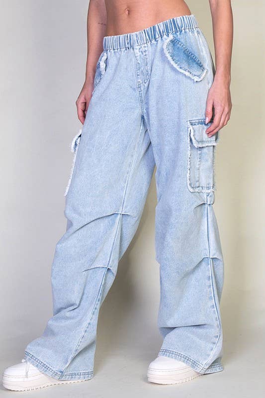 Light Wash Denim Cargo Pants With Pockets for wholesale on Faire2