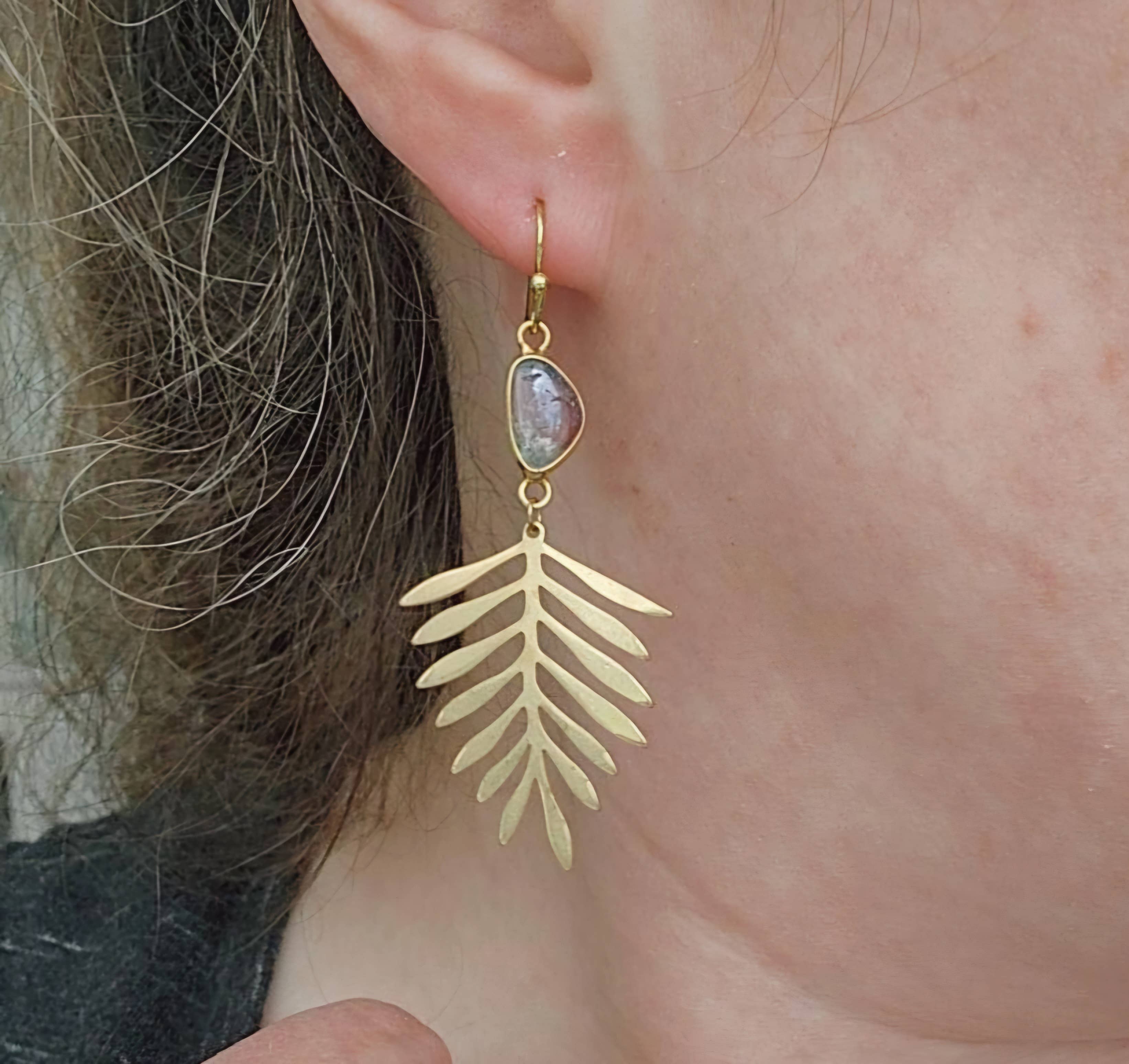 Sara Sela Jewelry - Wholesale Dangle Earrings - Brass Fern Leaf & Watermelon Tourmaline Dangle Earrings5