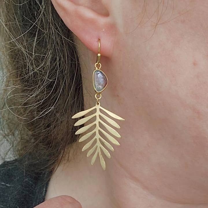 Sara Sela Jewelry - Wholesale Dangle Earrings - Brass Fern Leaf & Watermelon Tourmaline Dangle Earrings5