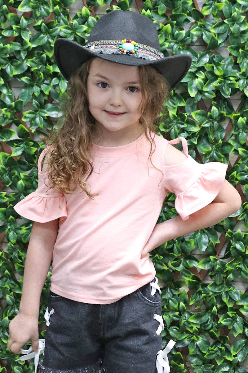 Kids Charm Online - Wholesale T-Shirt - Kids - COLD SHOULDER PEACH RUFFLE SLEEVE TOP. SY-DLH4079K WENDY0
