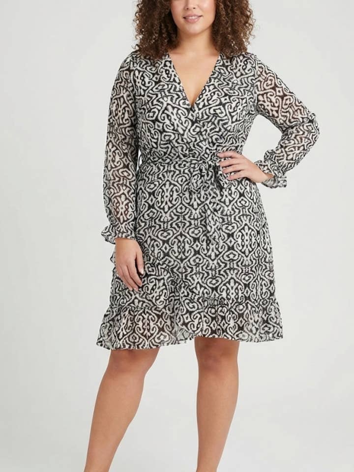 lp14328-black Short wrap dress with lily print for wholesale by Lilie Rose