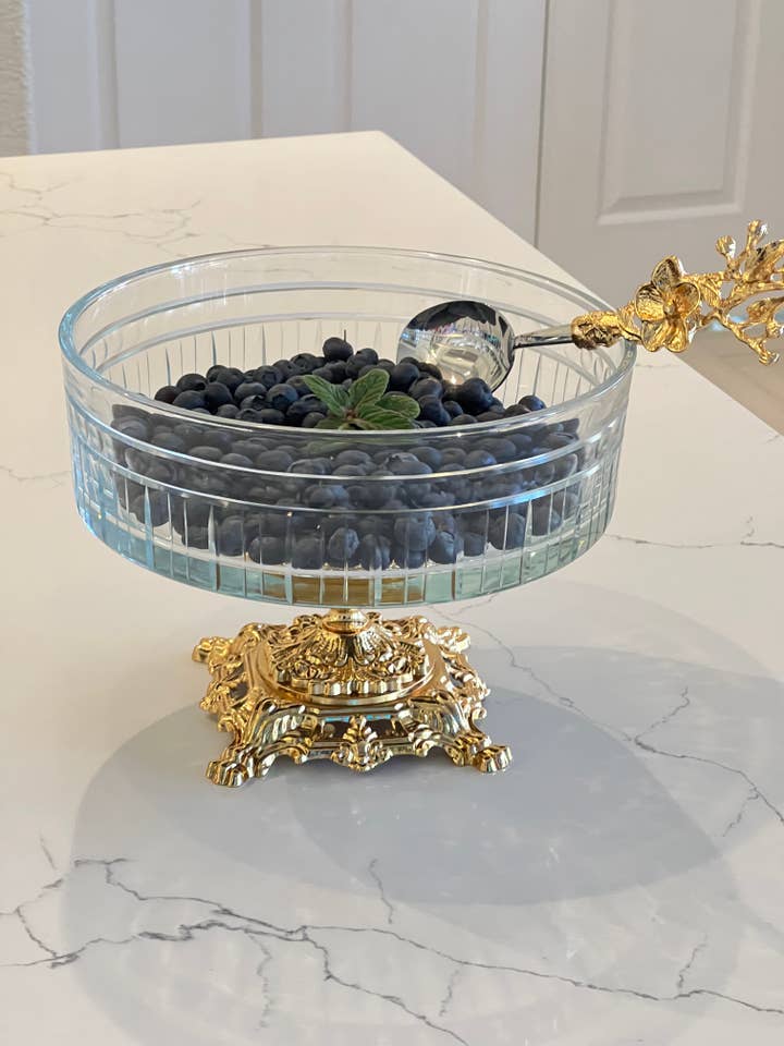 Round Glass Bowl with Golden Pedestal for wholesale by Bayswater Designs