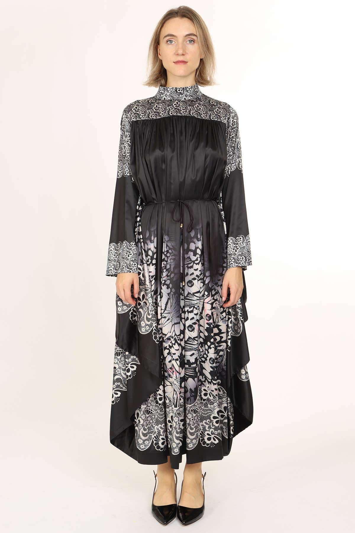 BLACK Abstract Floral Print Pleats Maxi Tunic Dress QC3710 for wholesale on Faire5