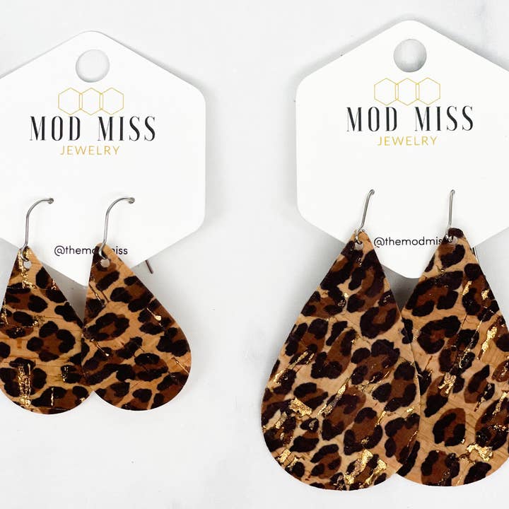 Leopard Gold Specs Leather Teardrop Earrings for wholesale by The Mod Miss