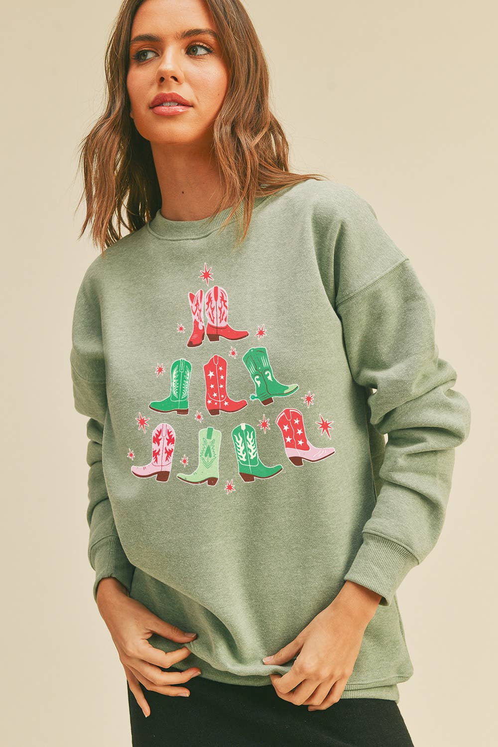 Honestee - Wholesale Sweatshirt - Women's - Cowboy Boots Christmas Tree Long Sleeve Sweatshirt4