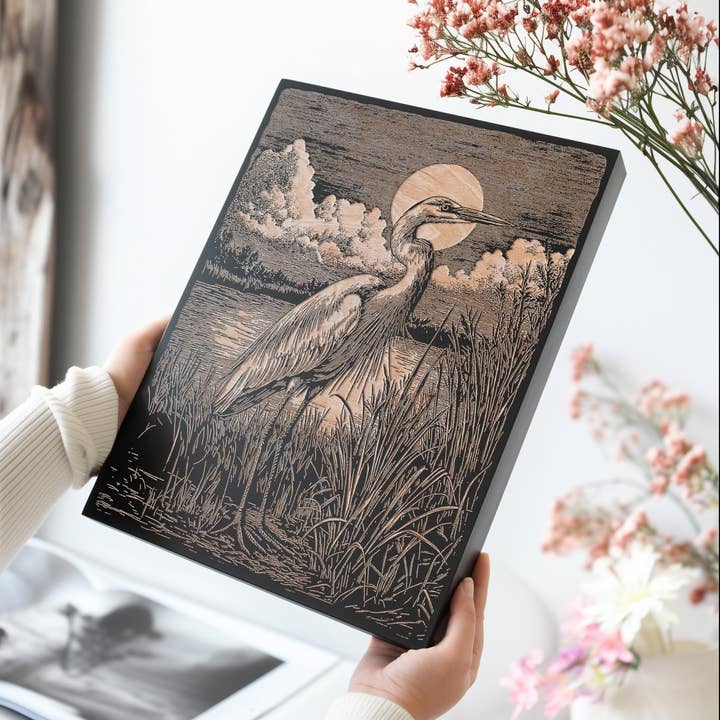 Blå häger i kärr graverad illustration för wholesale av Benoit's Design Co.