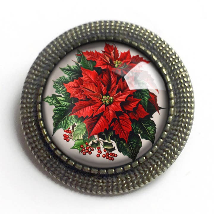 Victorian Red Christmas Poinsettia Bronze and Glass Brooch for wholesale by The Divine Iguana