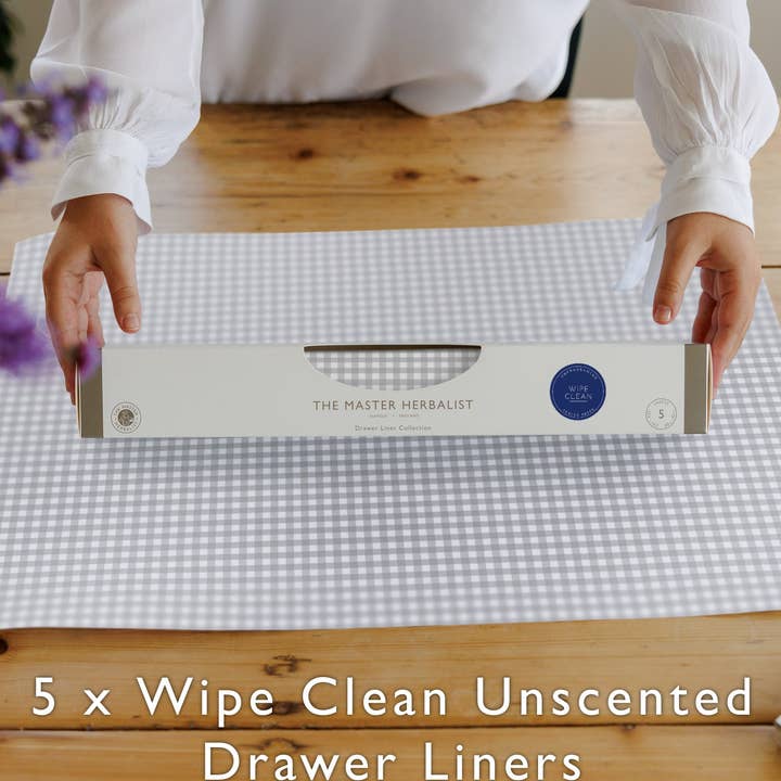 SOFT GREY GINGHAM Wipe Clean & Unscented Drawer Liners for wholesale by The Master Herbalist
