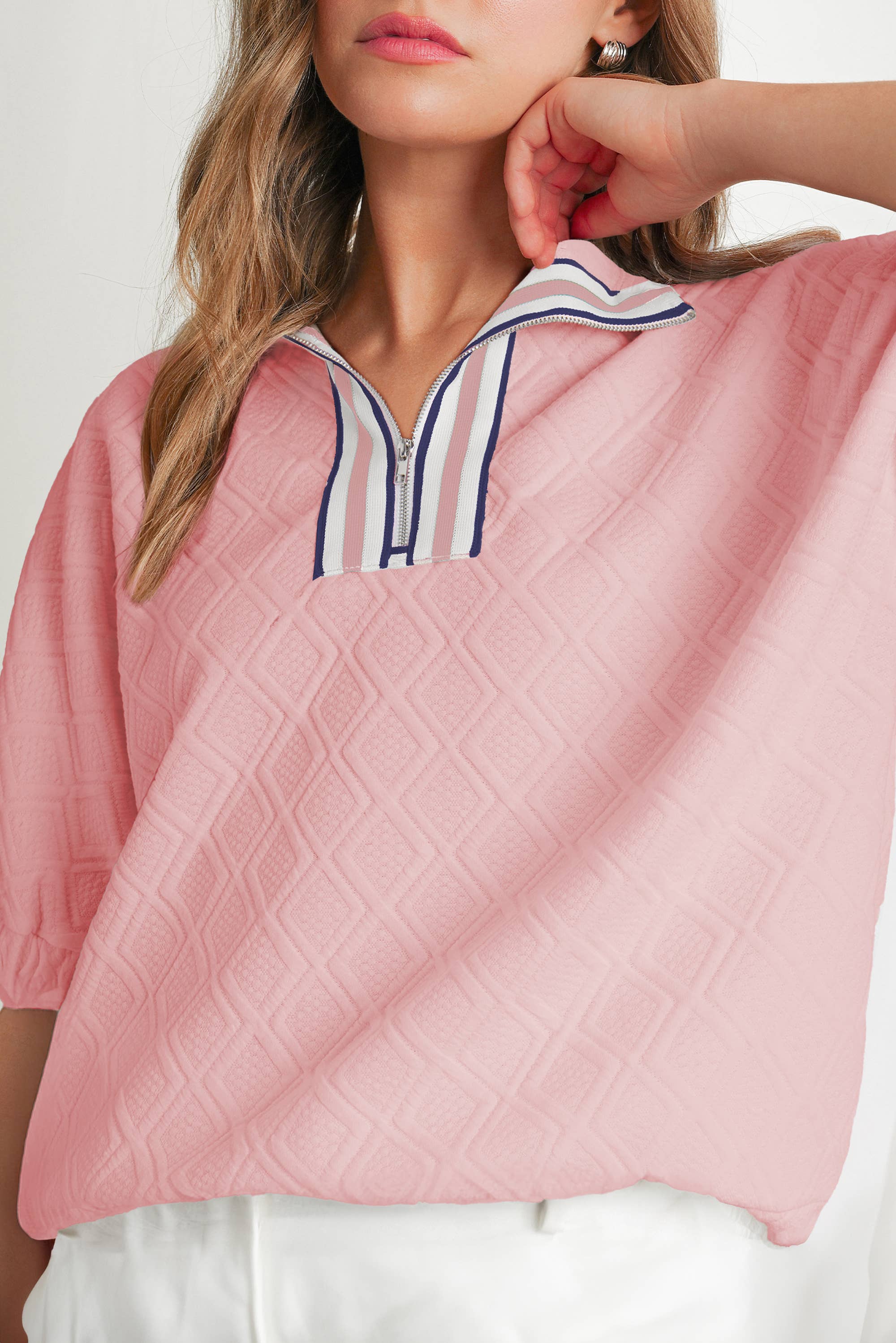 Aapparella - Wholesale Blouse - Women's - Textured Colorful Tape Zip Collared Top | S-XL7