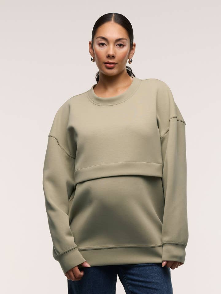 Oversized Feeding Zip Jumper - Khaki for wholesale by Soon Maternity