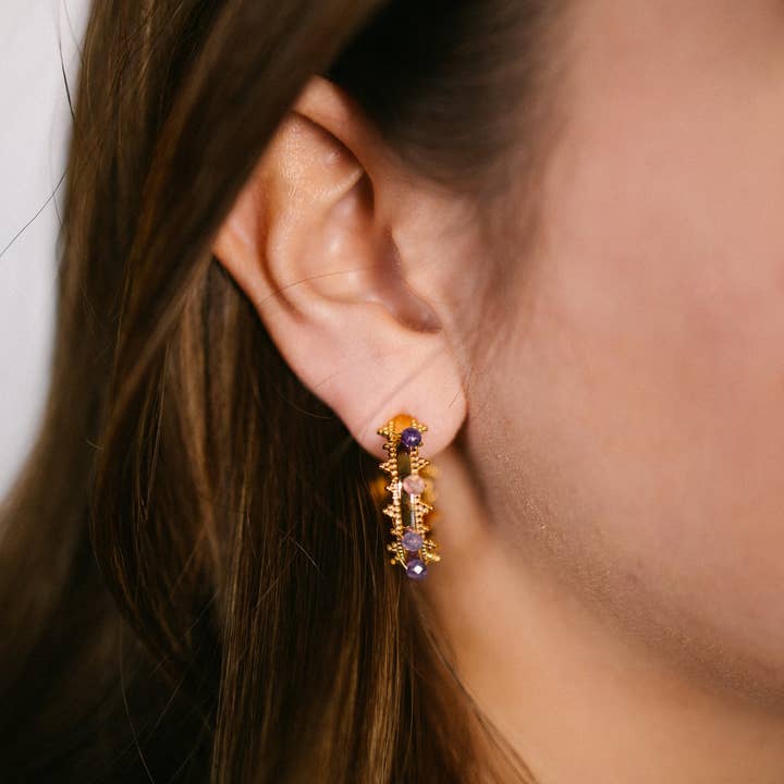 Gray Bird Label - Wholesale Hoop Earrings - Natural Stone, Wire-Wrapped Gold Hoop Earrings