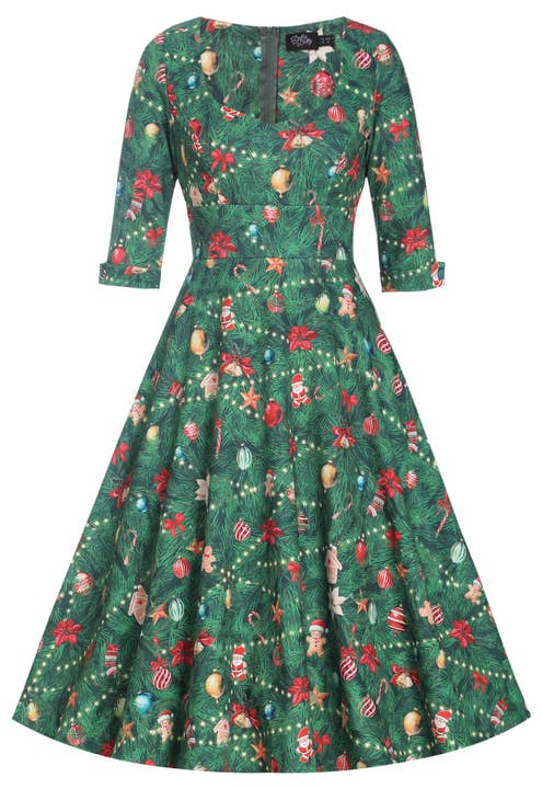 Scarlette Green Long-Sleeved Xmas Tree Print Stretchy Dress for wholesale by Dolly & Dotty