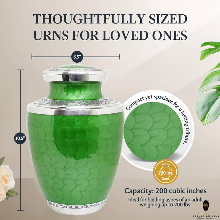 Ample Cremation Urns - Vente Urnes - Urne funéraire en laiton argenté et vert émeraude – Gravée à la main3