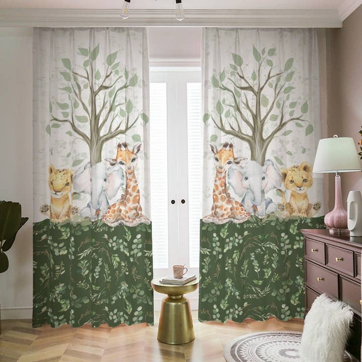 Greenery with Safari Animals and a Tree Blackout Curtains for wholesale by Empowering Decor