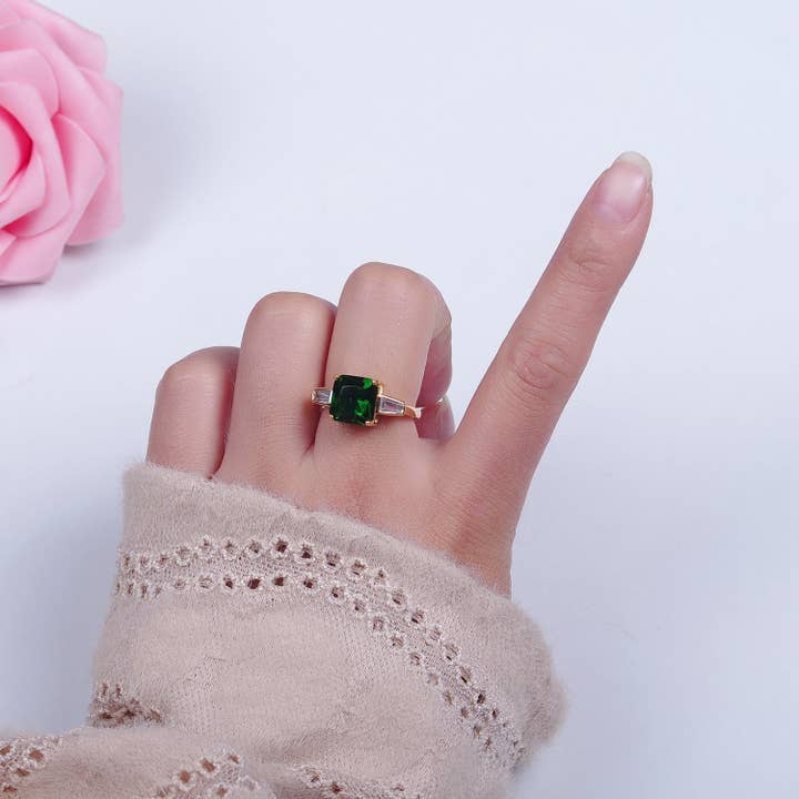 Aim Eternal - Wholesale Multi-Stone Ring - Square CZ Emerald Green Gold Adjustable Promise Ring O2294