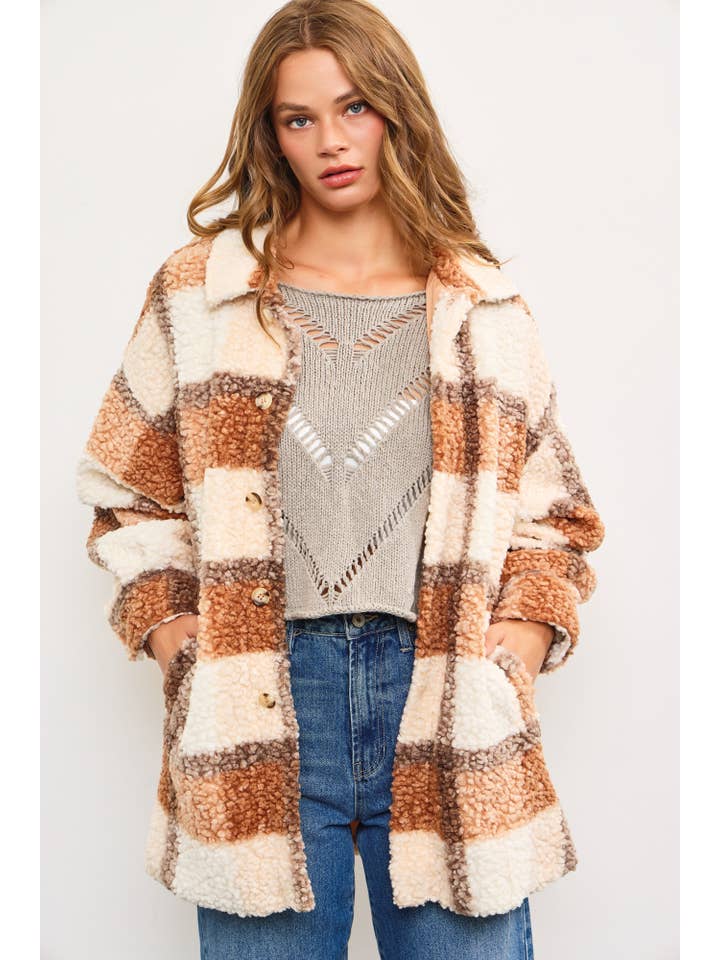 Mustard Seed - Wholesale Shirt Jacket/Shacket - Women's - BOUCLE TEXTURED PLAID SHIRT JACKET