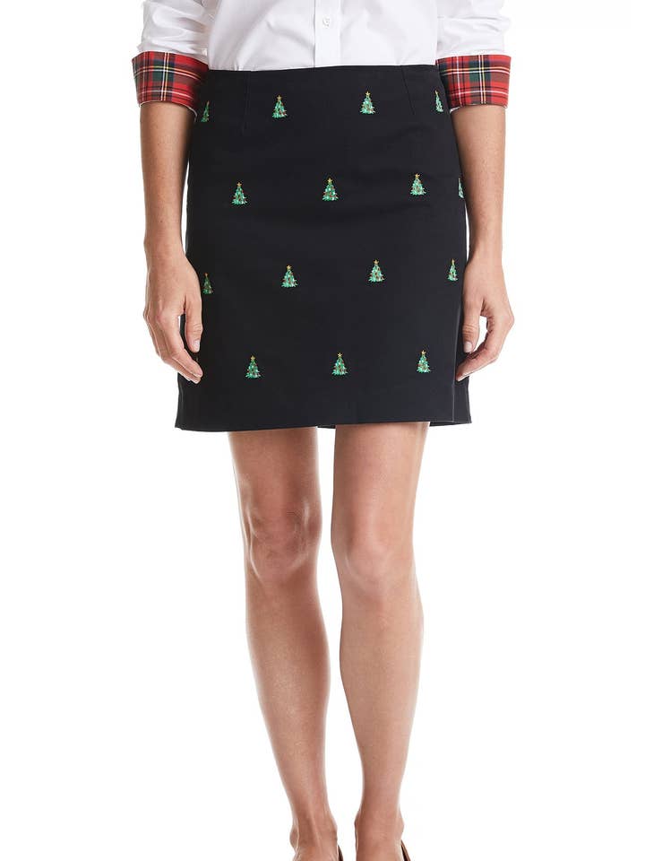 Dames Ali Rok Stretch Twill Zwart met Kerstboom voor wholesale door Castaway Clothing Nantucket Island