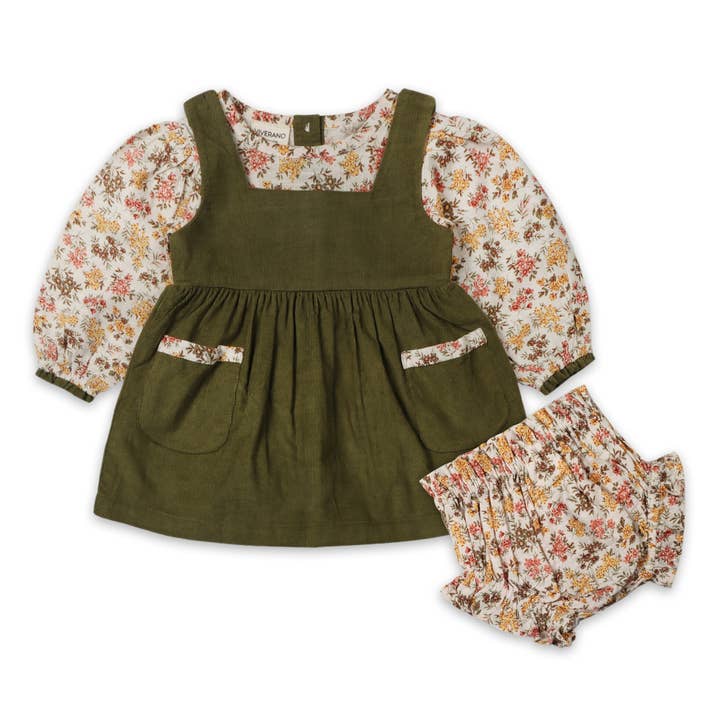 Lilith Floral Baby Pinafore Dress & Bloomer (Organic Cotton) for wholesale by Viverano Organics