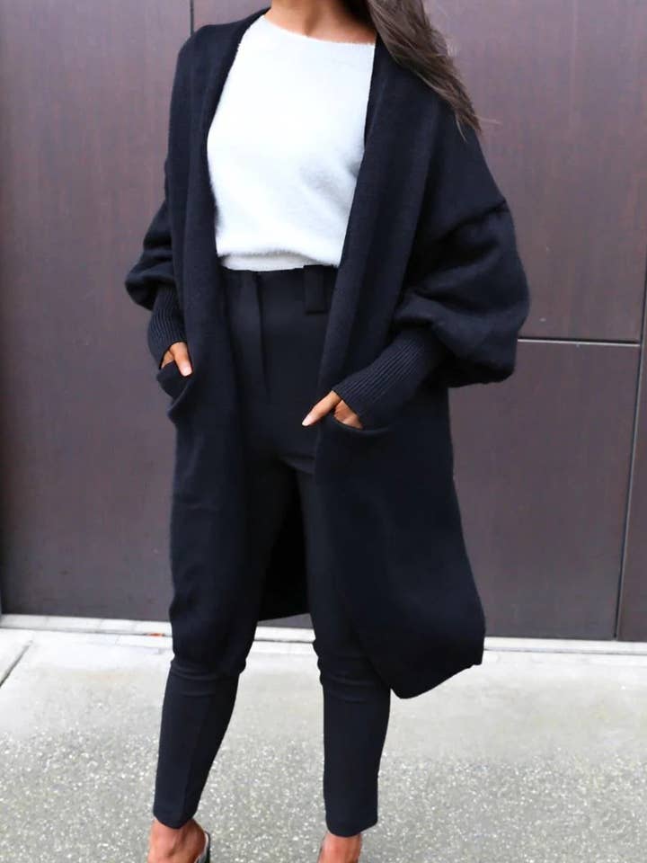 BLACK PUFFY SLEEVED BUTTON-DOWN SWEATER CARDIGAN for wholesale on Faire