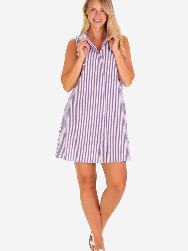 The Jan Dress in Awning Blue Seersucker for wholesale by Duffield Lane