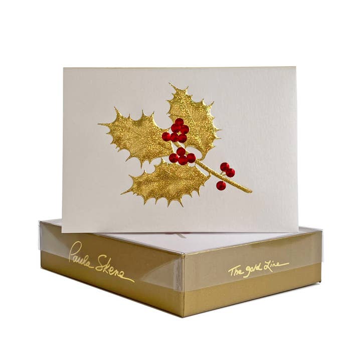 Holly-Zweig auf silberner Satin-Weihnachtskarte für den Großhandel von PAULA SKENE DESIGNS