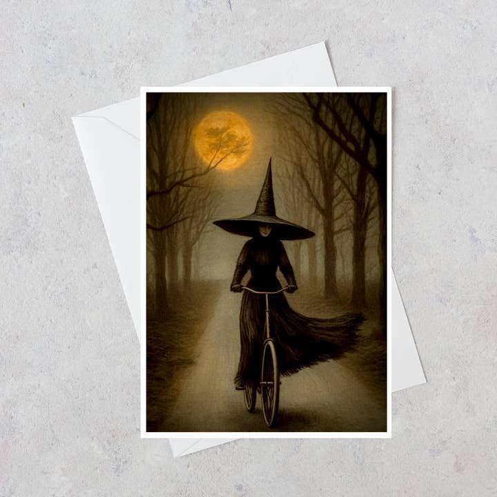 Forest Witch Riding a Bicycle Blank Card 31RD for wholesale by Salty Alyce
