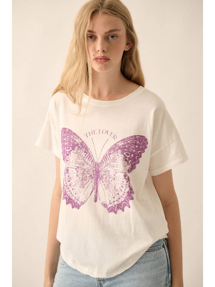 Ivory The Lover Butterfly Round Neck Graphic Tee for wholesale on Faire
