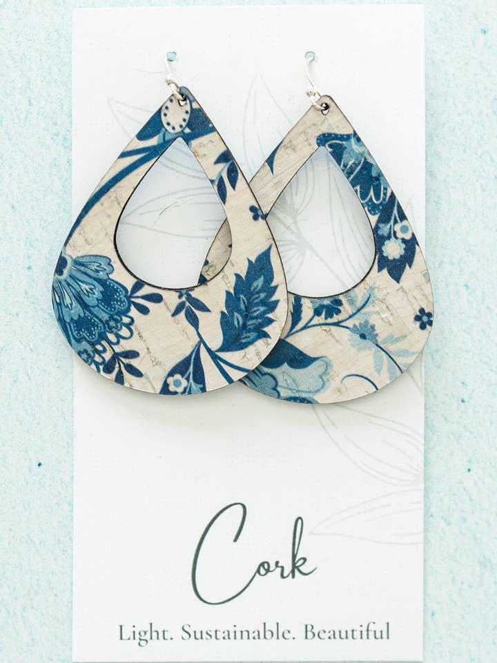 Blue and White Floral Cork Earrings - Large Teardrop for wholesale by Hello Lovely Cork Co.