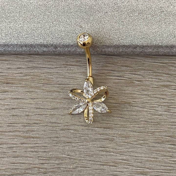 Gold Flower Belly Button Piercing (14G | 10mm | Surgical Steel | Gold, Silver, or Rose Gold) for wholesale by Elara Body Jewelry