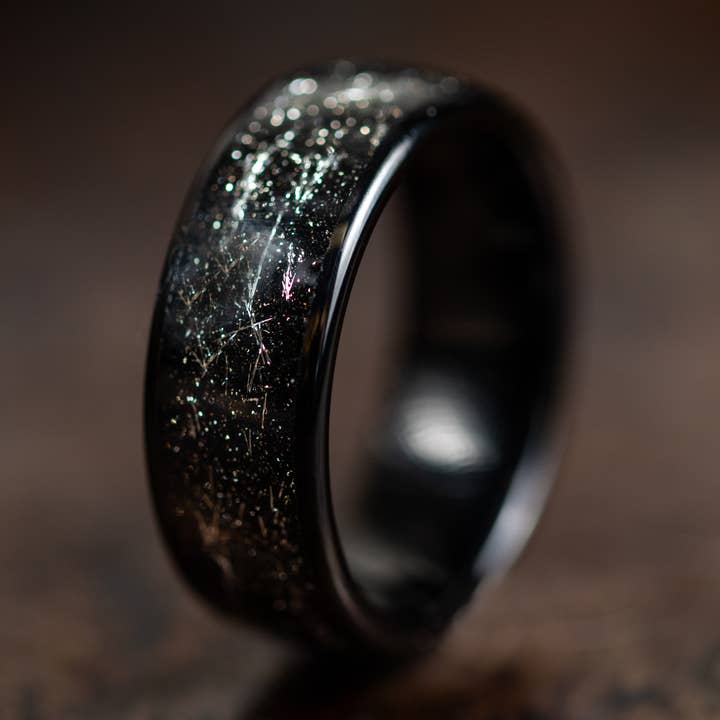 Black Tungsten Ring with Meteorite Inlay, Black Wedding Band for wholesale by AxBands
