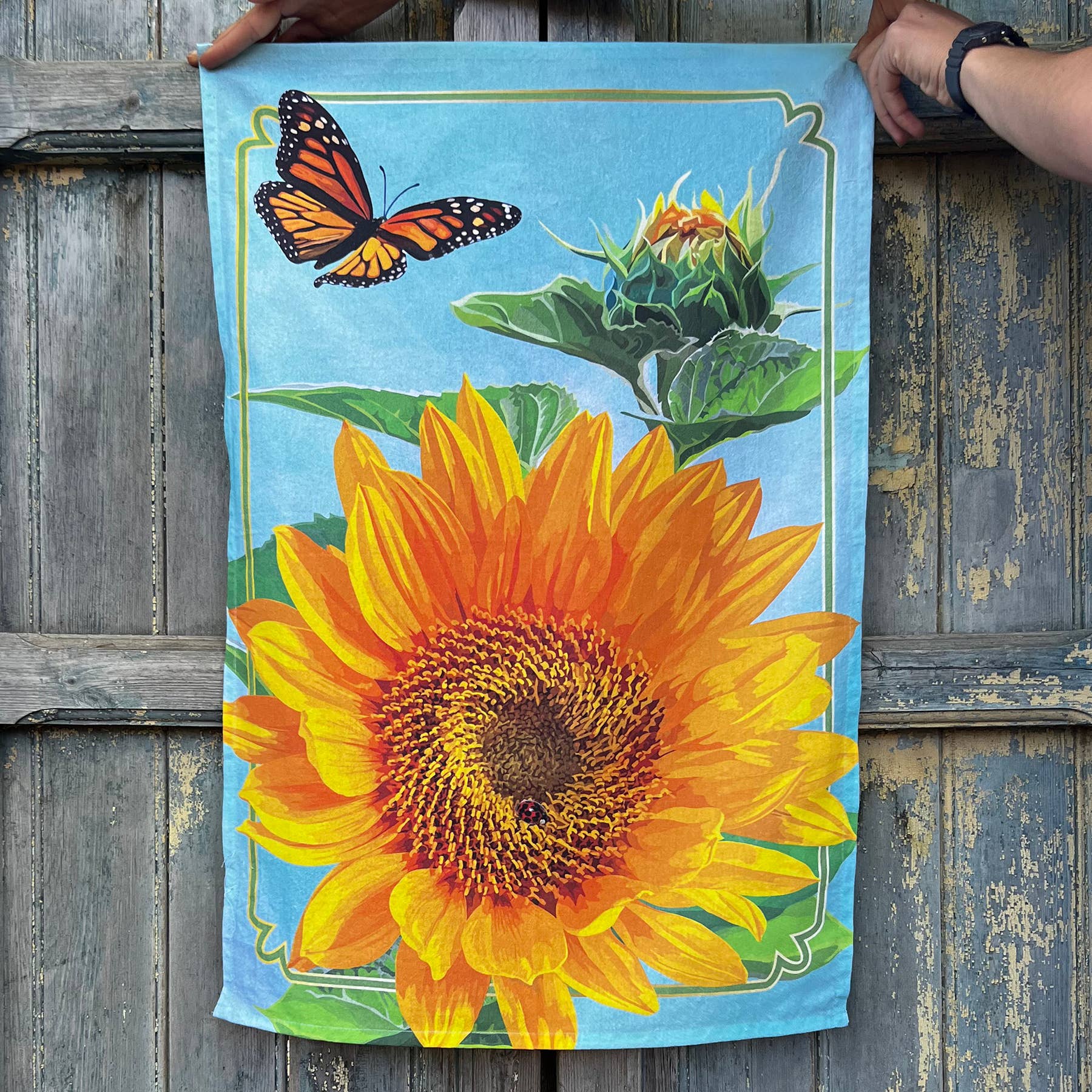 The Red Barn Press - Wholesale Tea Towel - Botanical Tea Towel | Sunflowers and Monarch Dishtowel2