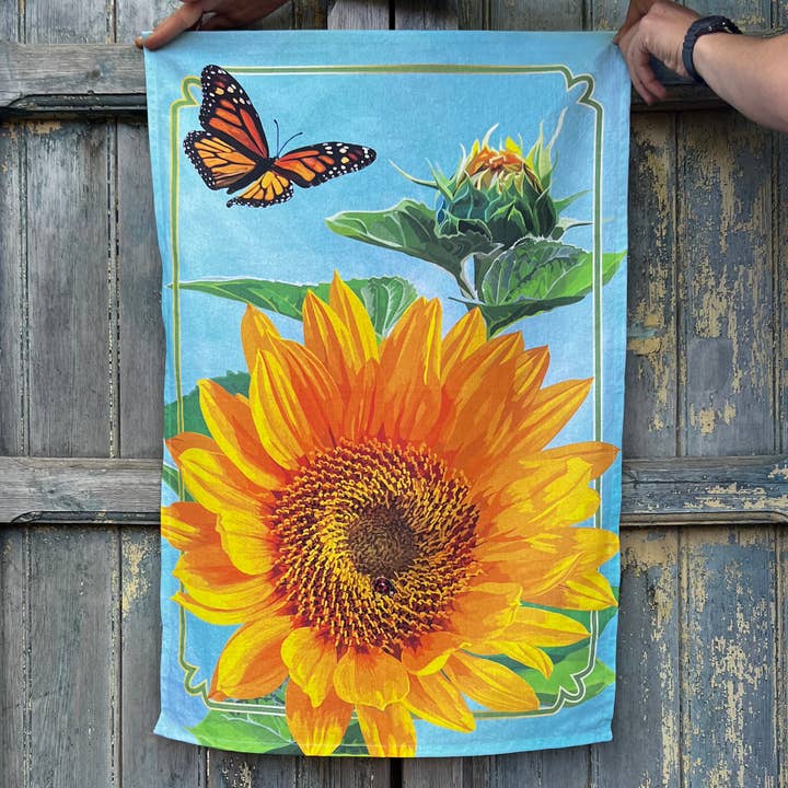 The Red Barn Press - Wholesale Tea Towel - Botanical Tea Towel | Sunflowers and Monarch Dishtowel2
