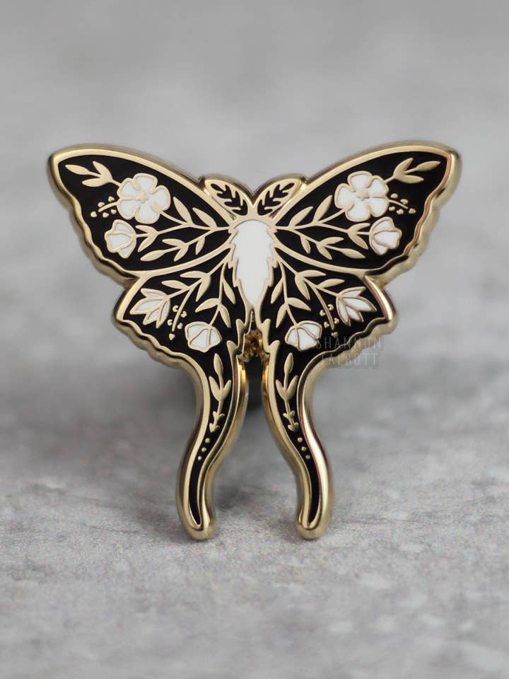 Luna Moth Floral Bug Butterfly Nature Goth Enamel Pin - Gold for wholesale by Shannon Talbott
