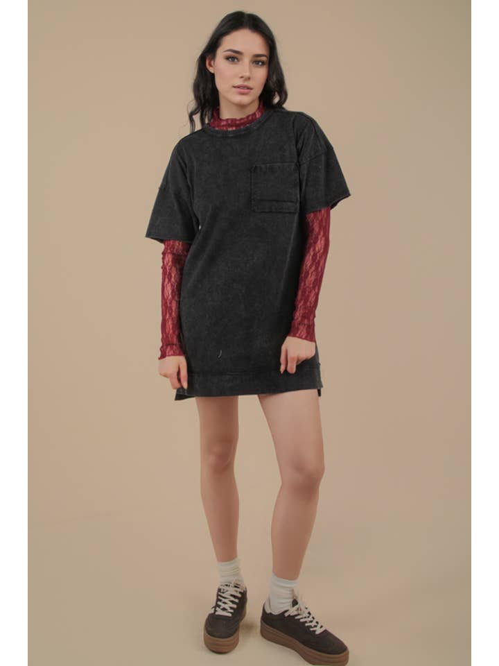 VERY J - Wholesale Dress - Women's - ND31634-Mineral Washed Knit Oversized Shift Mini Dress