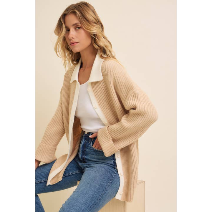 BEIGE TWO TONE RIB SWEATER CARDIGAN WITH CONTRAST COLLAR for wholesale on Faire